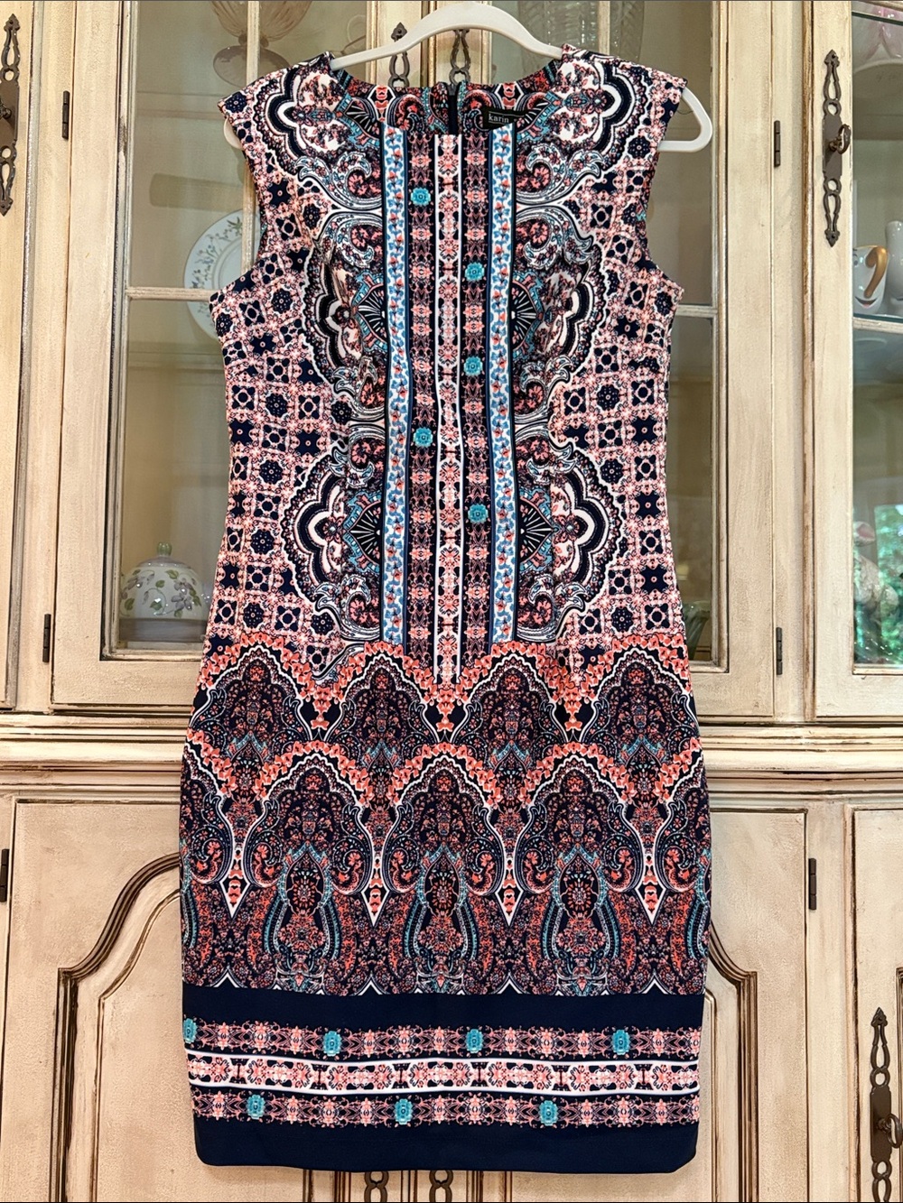 karin stevens Navy, Coral & Light Blue Printed Midi Dress